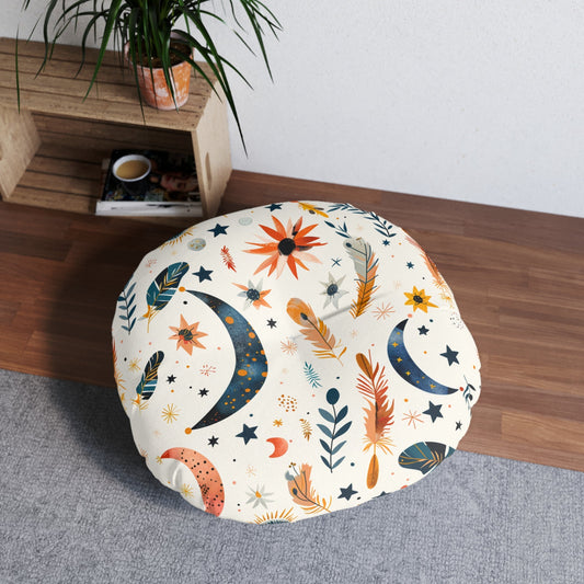 Bohemian Celestial Tufted Floor Pillow | Round Astrology Cushion & Cozy Home Decor