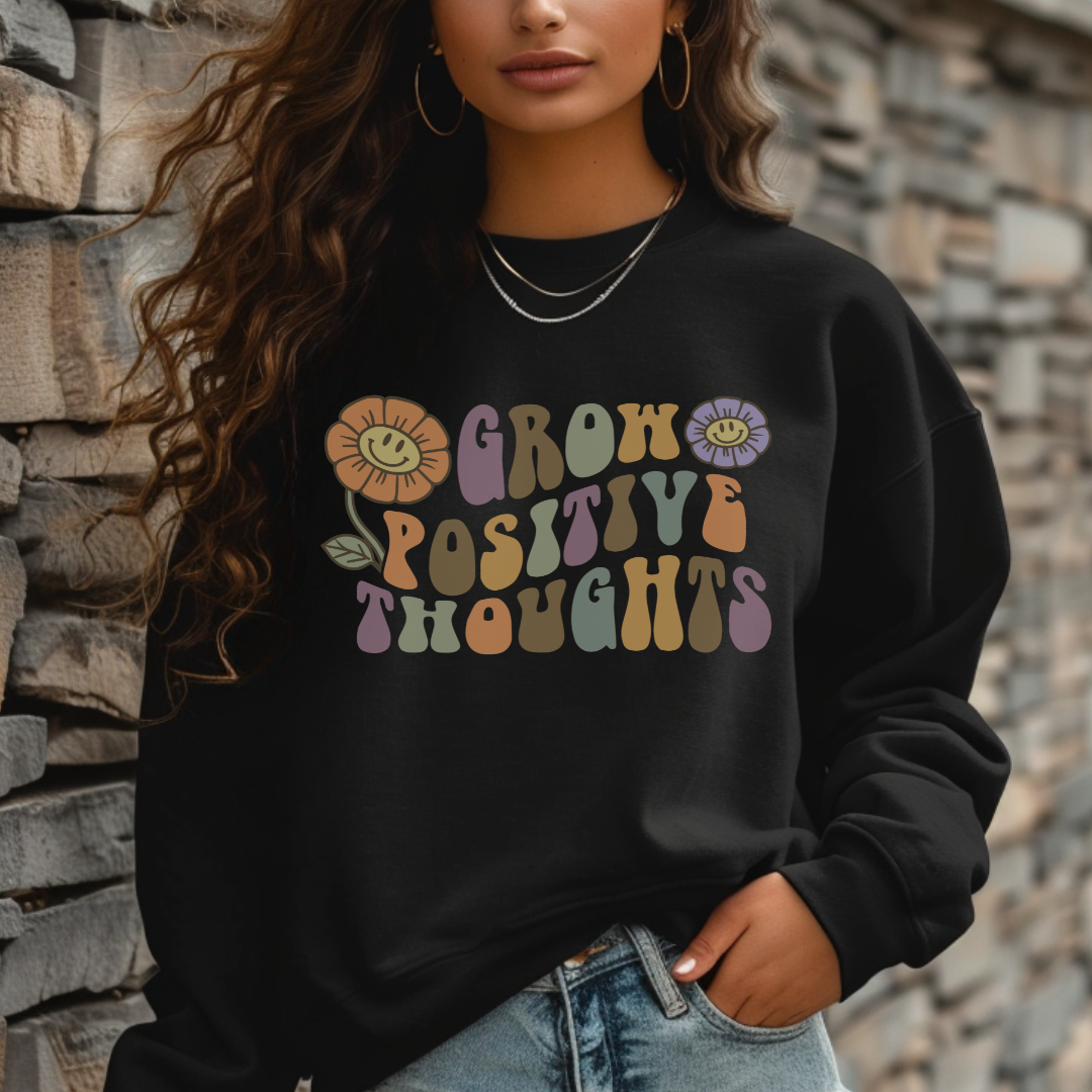 Positive Vibes Crewneck Sweatshirt - Motivational Gift, Relaxed Style, Floral Art Design